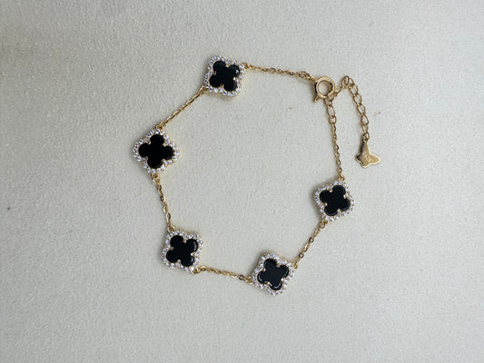 Four-Leaf Clover Luxe Bracelet – Gold Plated S925 (Black & Green)