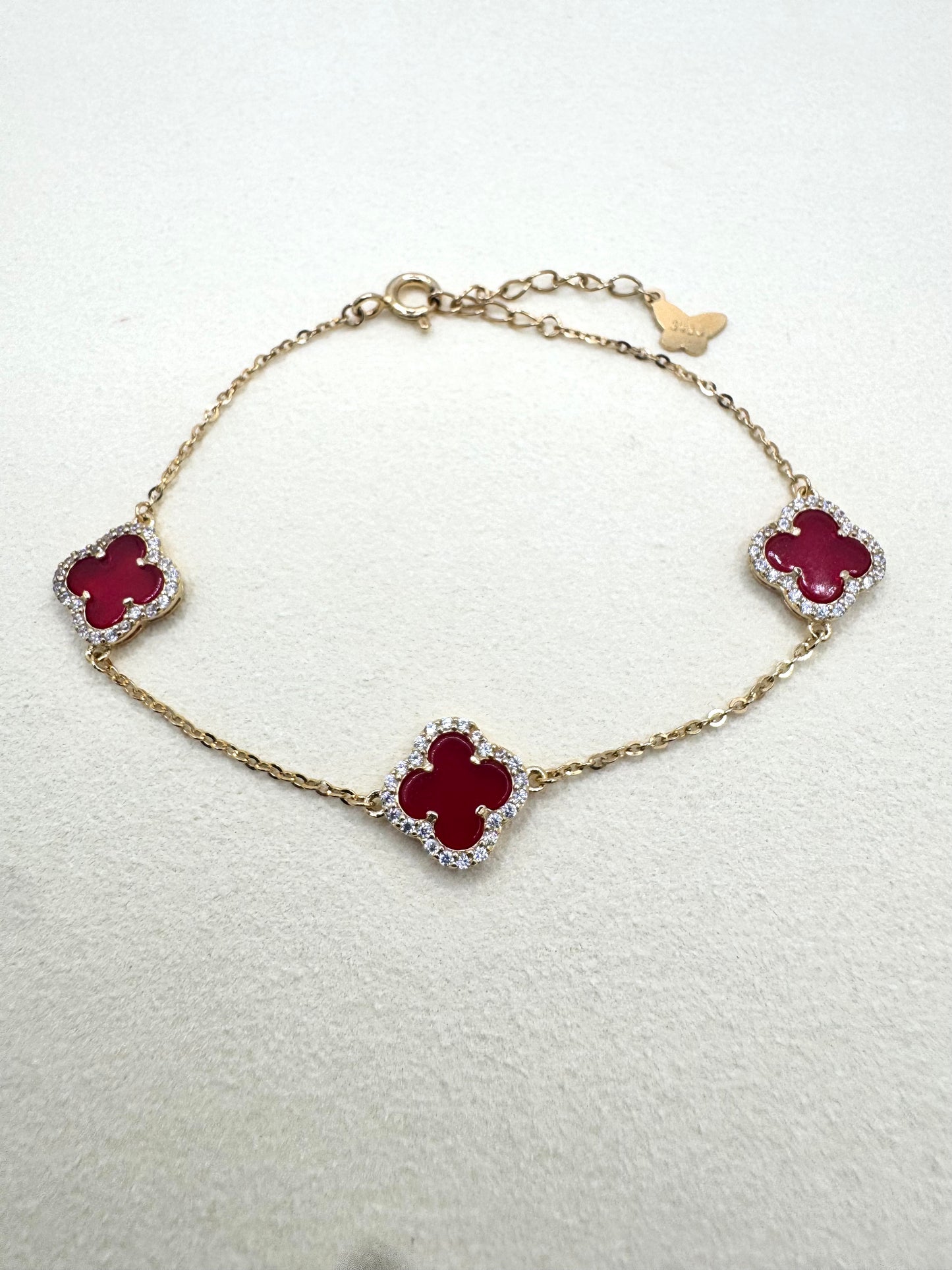 Three-Leaf Clover Charm Bracelet with CZ Stones in S925 Sterling Silver | Red Clover