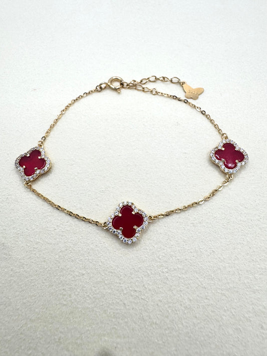 Three-Leaf Clover Charm Bracelet with CZ Stones in S925 Sterling Silver | Red Clover