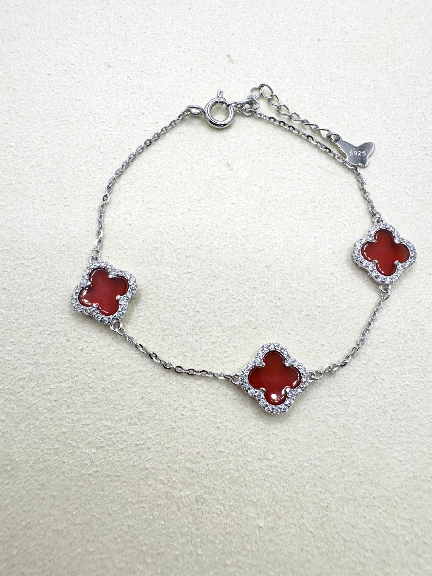 Three-Leaf Clover Charm Bracelet with CZ Stones in S925 Sterling Silver | Red Clover