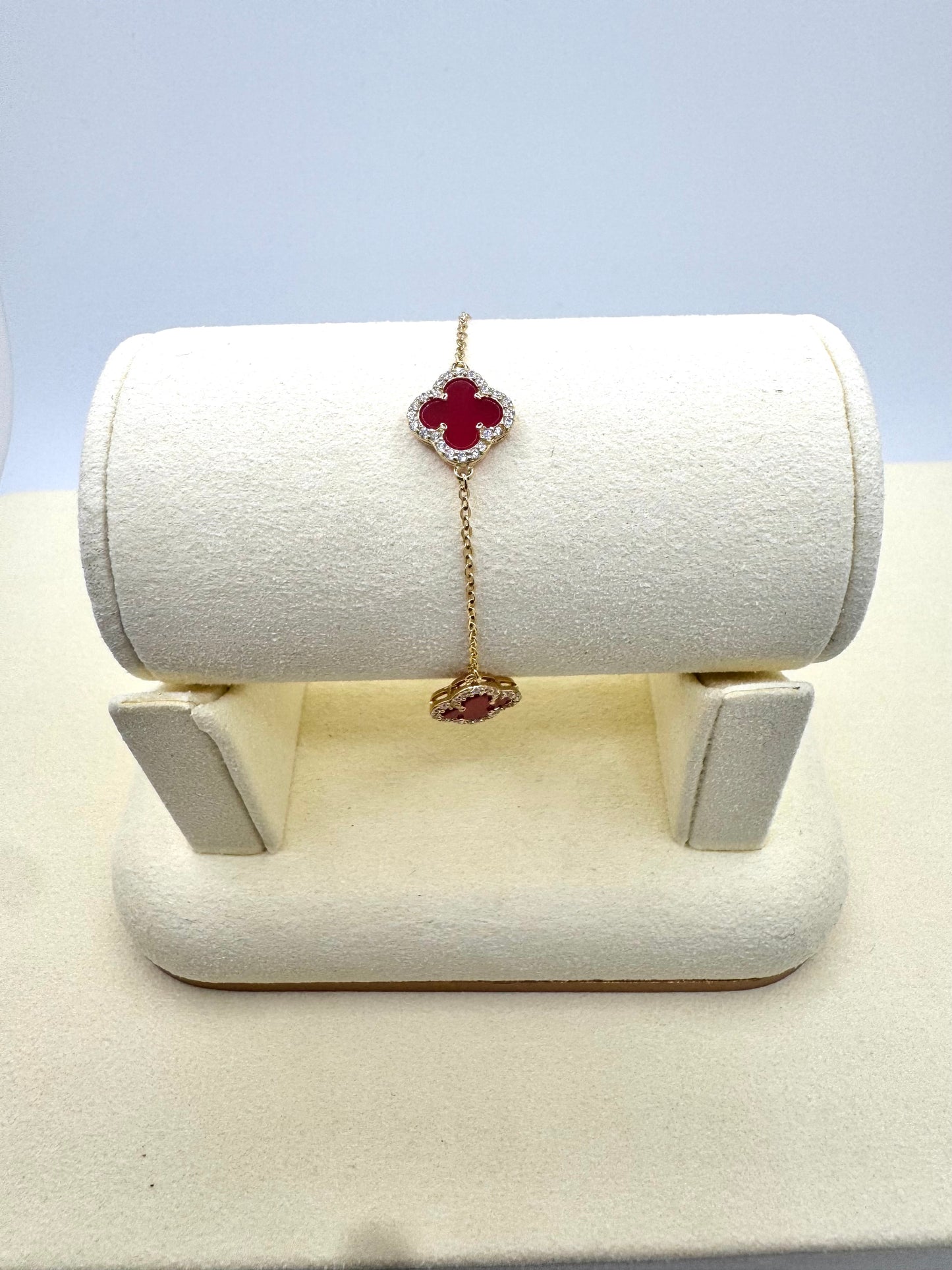 Three-Leaf Clover Charm Bracelet with CZ Stones in S925 Sterling Silver | Red Clover