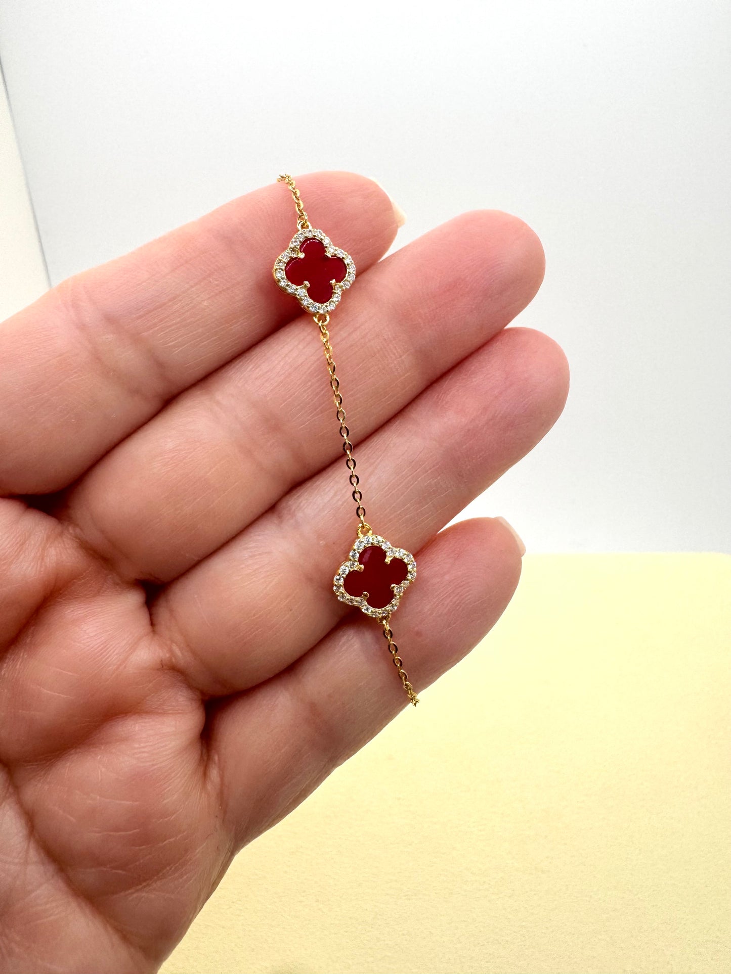 Three-Leaf Clover Charm Bracelet with CZ Stones in S925 Sterling Silver | Red Clover