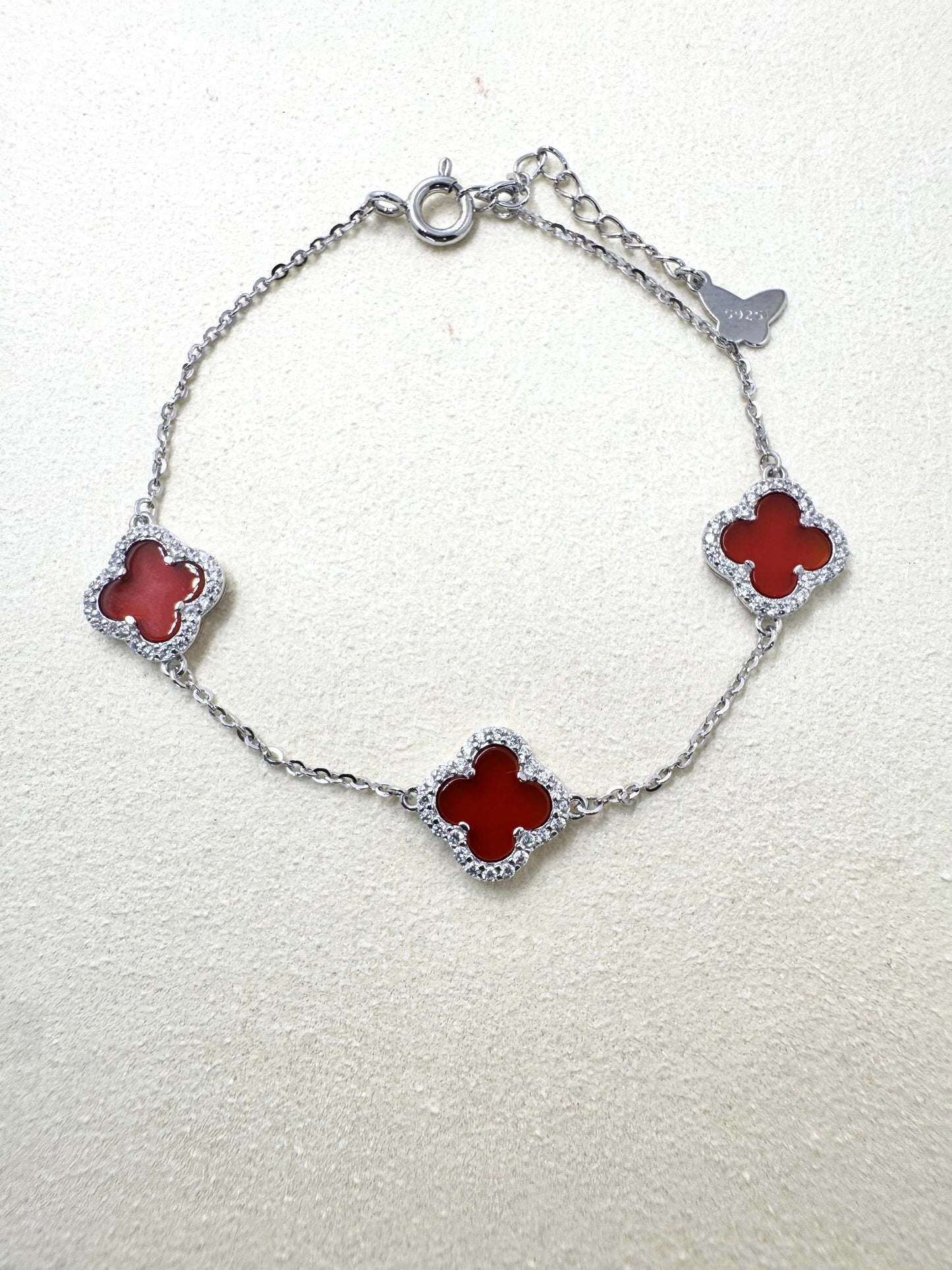 Three-Leaf Clover Charm Bracelet with CZ Stones in S925 Sterling Silver | Red Clover