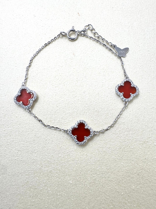 Three-Leaf Clover Charm Bracelet with CZ Stones in S925 Sterling Silver | Red Clover