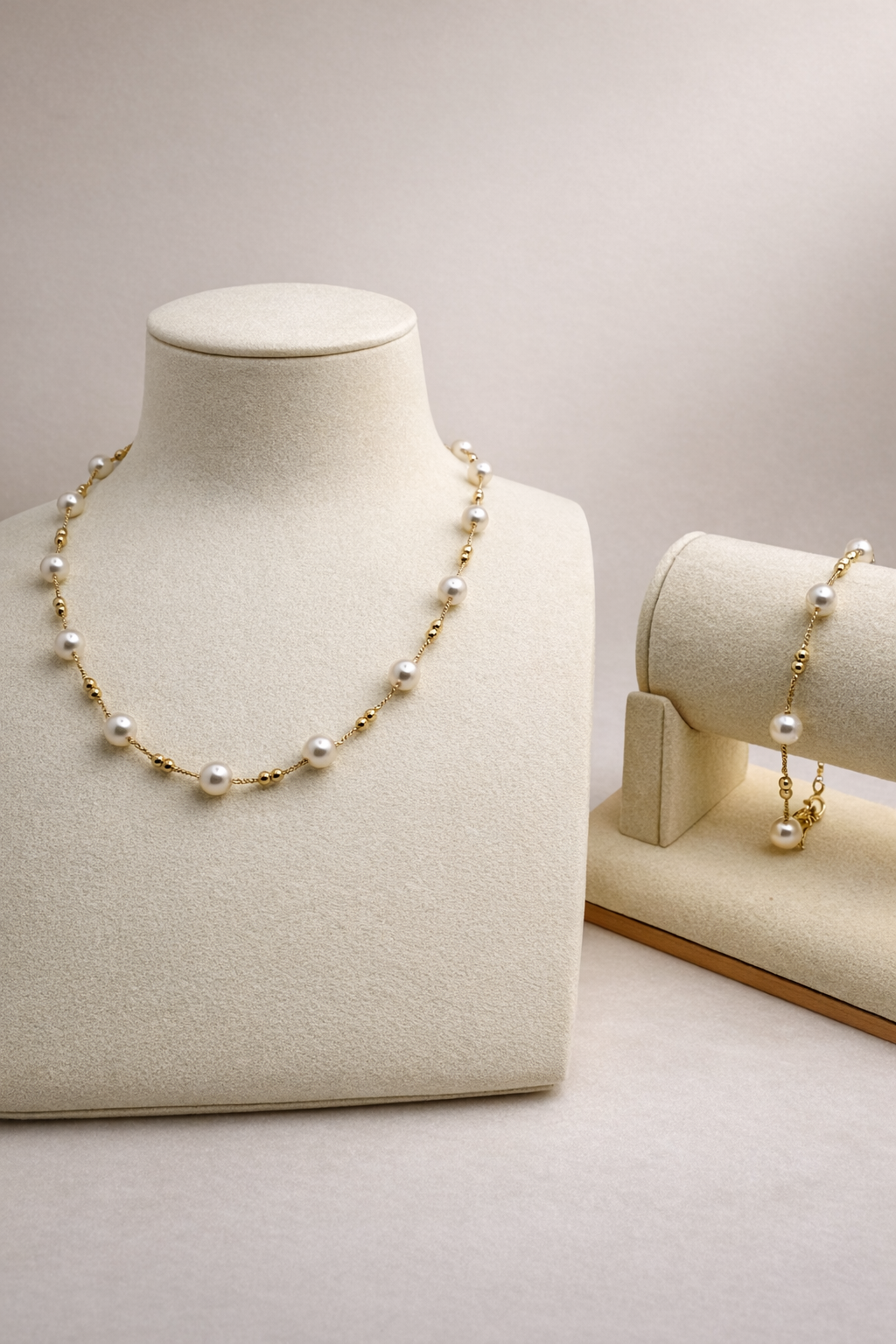 Freshwater Pearl Chain Bracelet & Necklace (Double Bead) Set – Gold Plated S925 Sterling Silver