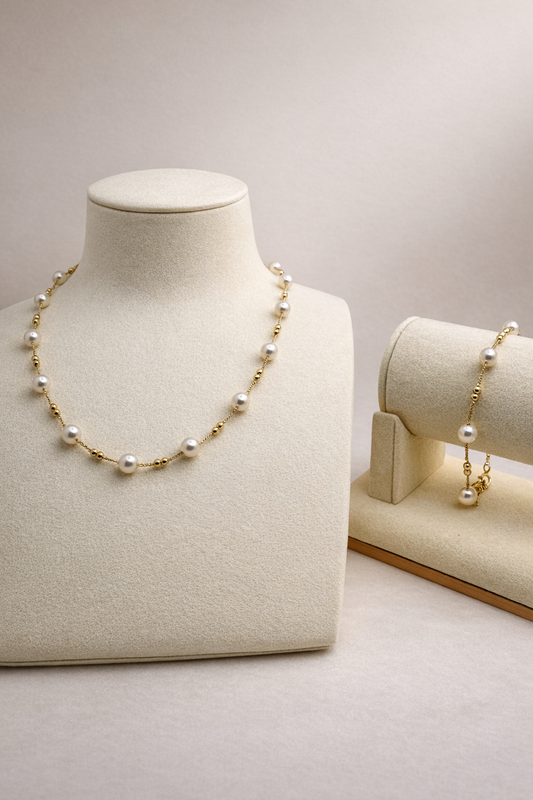 Freshwater Pearl Chain Bracelet & Necklace (Double Bead) Set – Gold Plated S925 Sterling Silver