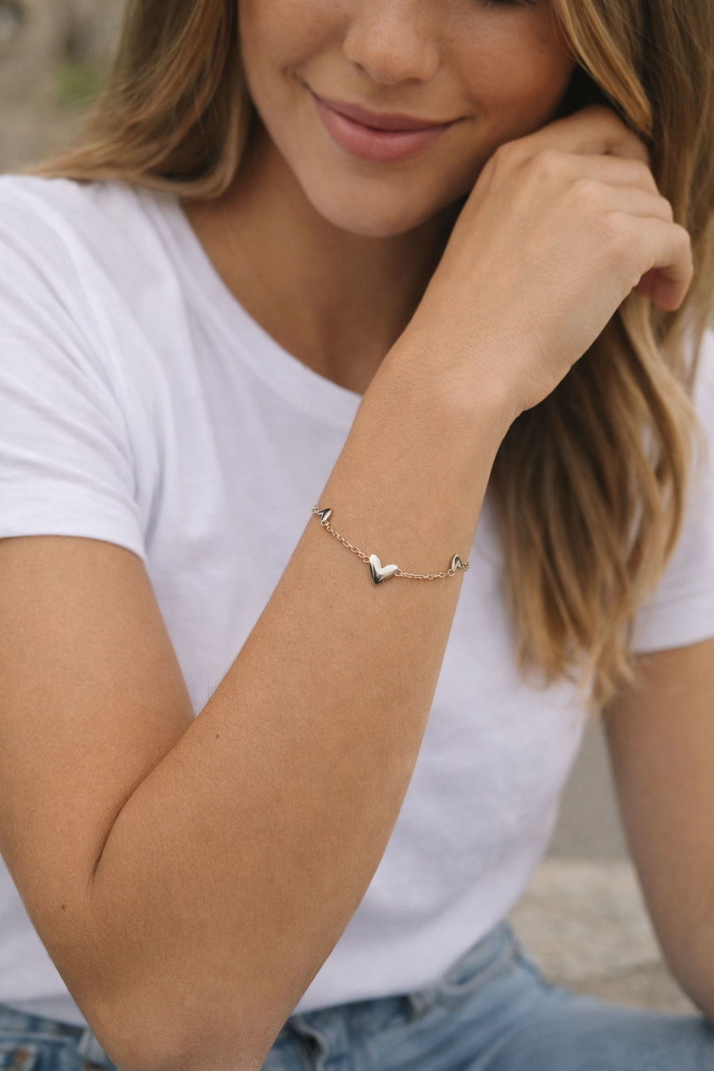 Dainty Heart Charm Bracelet Gold Plated S925 Sterling Silver