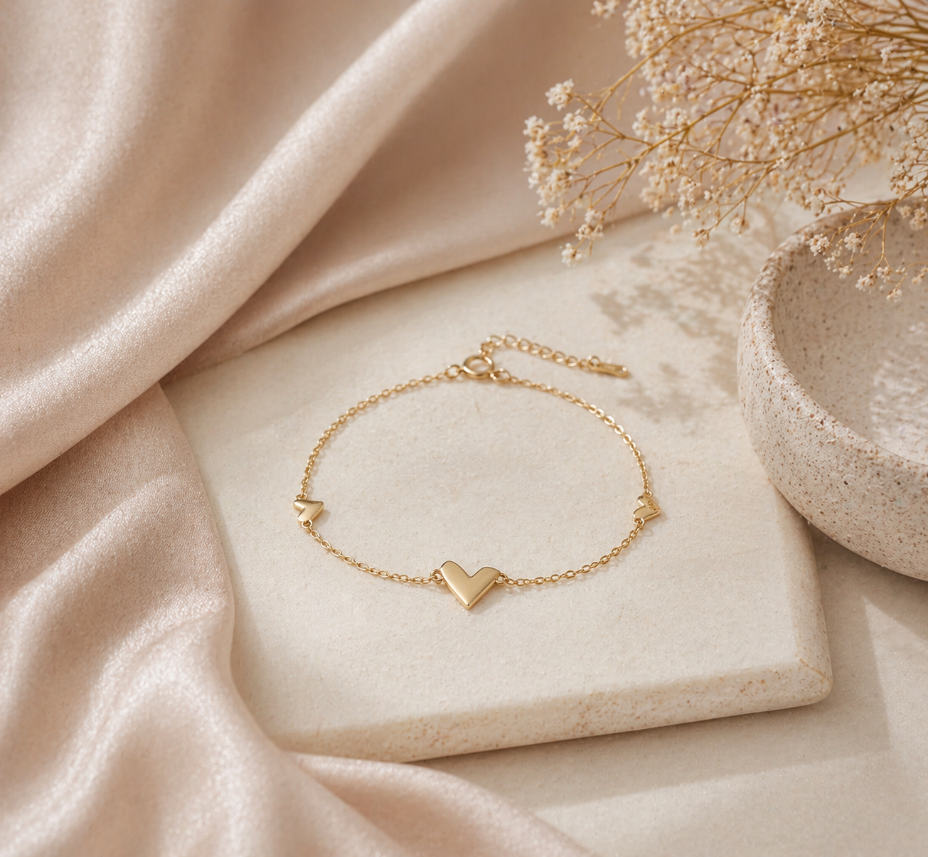 Dainty Heart Charm Bracelet Gold Plated S925 Sterling Silver